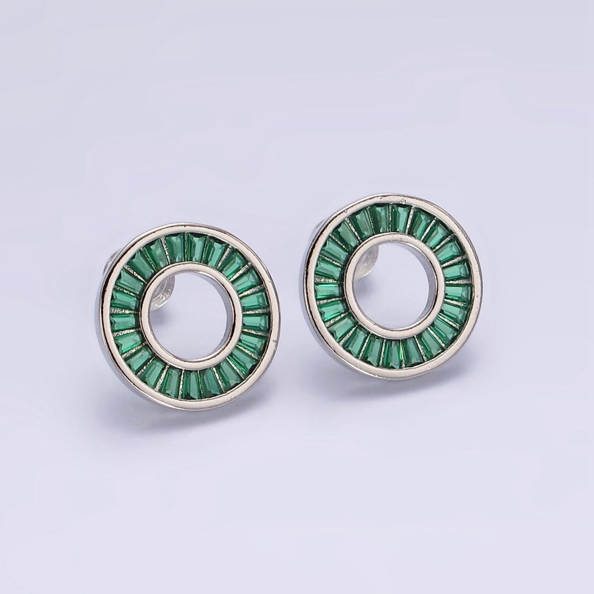 14K Gold Filled Clear, Green CZ Baguette Lined Open Round Stud Earrings in Gold & Silver | V470 - V473