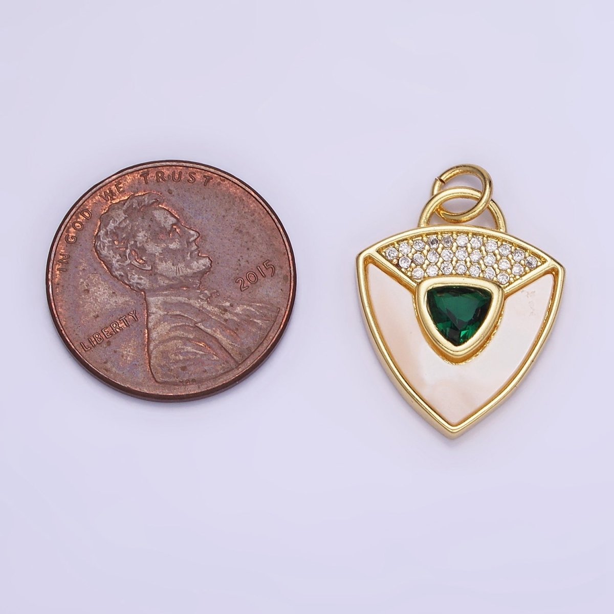 14K Gold Filled Clear, Green CZ Micro Paved Shell Pearl Shield Charm in Gold & Silver | W492 W493