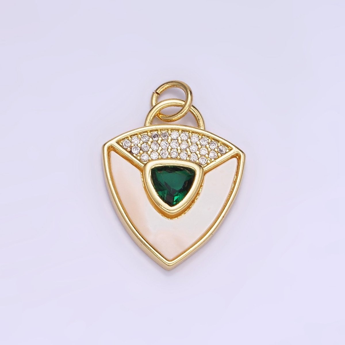 14K Gold Filled Clear, Green CZ Micro Paved Shell Pearl Shield Charm in Gold & Silver | W492 W493