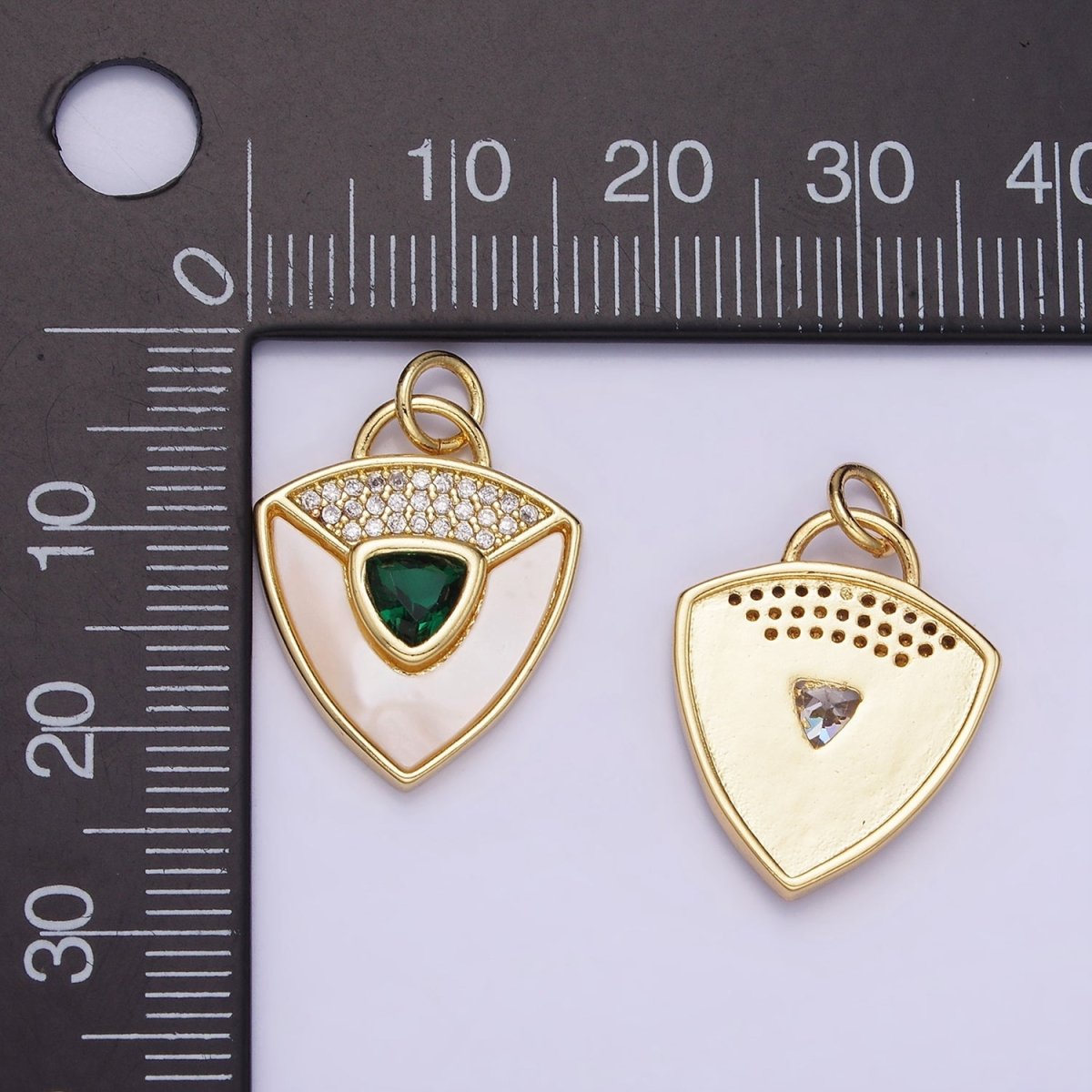 14K Gold Filled Clear, Green CZ Micro Paved Shell Pearl Shield Charm in Gold & Silver | W492 W493