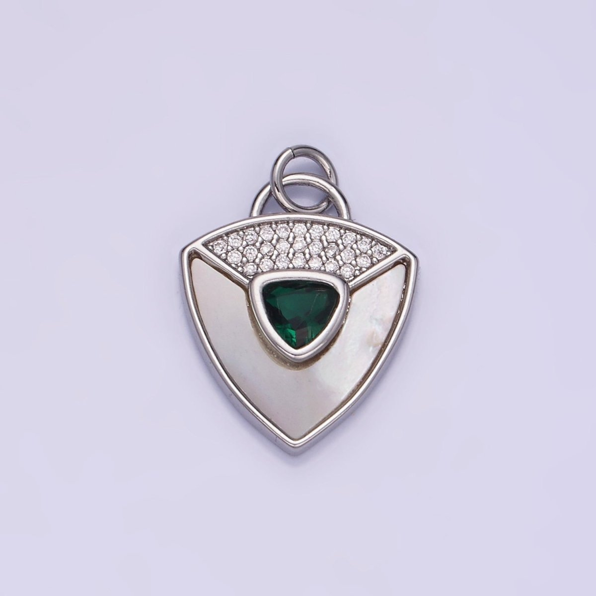 14K Gold Filled Clear, Green CZ Micro Paved Shell Pearl Shield Charm in Gold & Silver | W492 W493