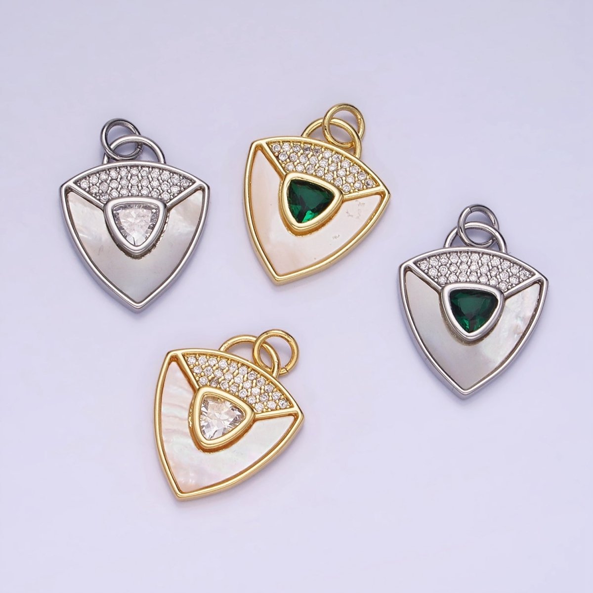 14K Gold Filled Clear, Green CZ Micro Paved Shell Pearl Shield Charm in Gold & Silver | W492 W493