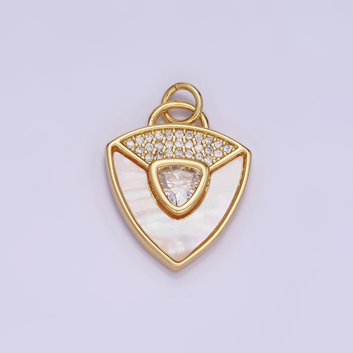 14K Gold Filled Clear, Green CZ Micro Paved Shell Pearl Shield Charm in Gold & Silver | W492 W493