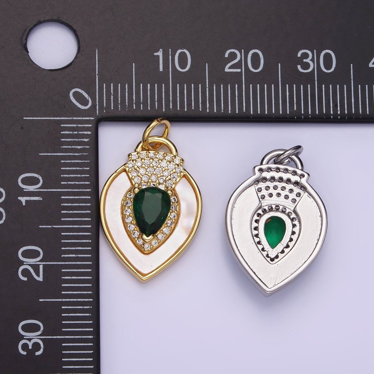 14K Gold Filled Clear, Green CZ Micro Paved Shell Pearl Teardrop Charm in Gold & Silver | W490 W491