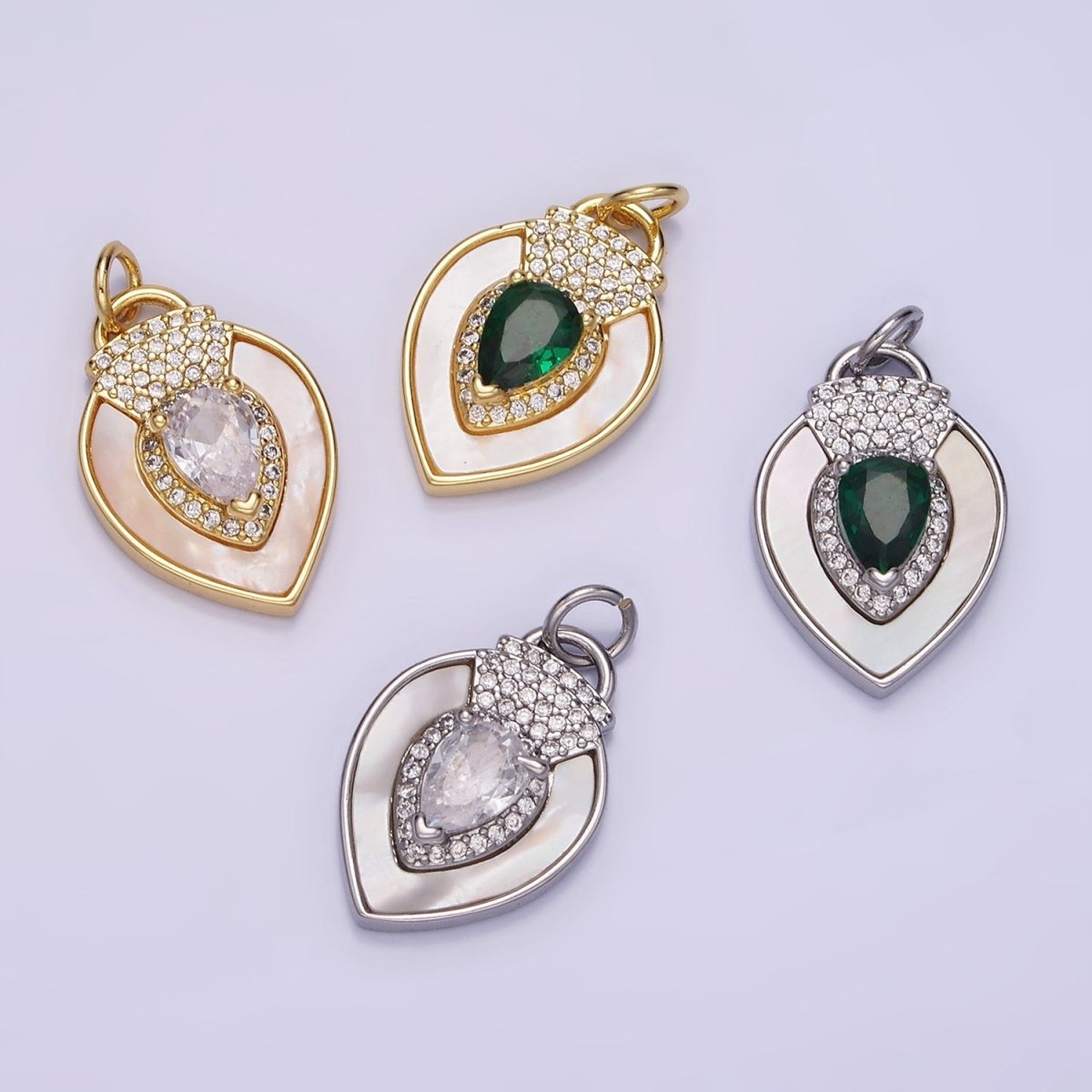 14K Gold Filled Clear, Green CZ Micro Paved Shell Pearl Teardrop Charm in Gold & Silver | W490 W491