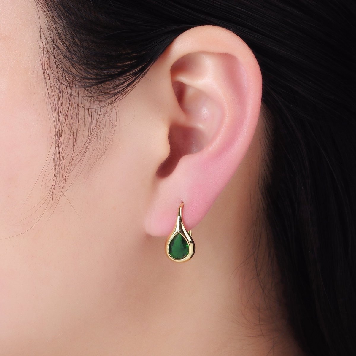 14K Gold Filled Clear, Green CZ Teardrop French Hook Earrings | AB1309 AB1310