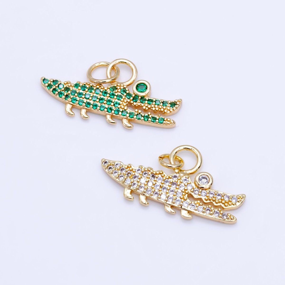 14K Gold Filled Clear. Green Micro Paved CZ Crocodile Charm | C648