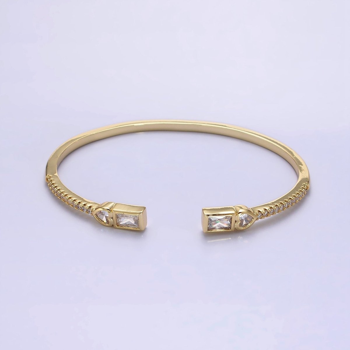 14K Gold Filled Clear, Green, Pink Baguette Heart CZ Micro Paved Cuff Bracelet in Gold & Silver | WA-2124 - WA-2128 Clearance Pricing