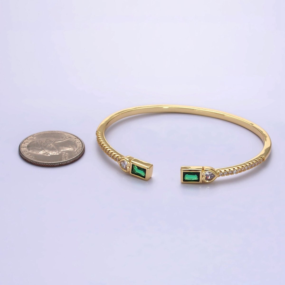 14K Gold Filled Clear, Green, Pink Baguette Heart CZ Micro Paved Cuff Bracelet in Gold & Silver | WA-2124 - WA-2128 Clearance Pricing