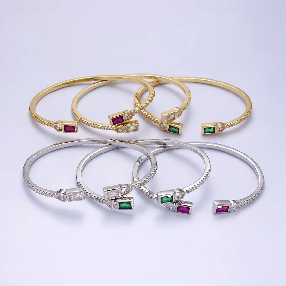 14K Gold Filled Clear, Green, Pink Baguette Heart CZ Micro Paved Cuff Bracelet in Gold & Silver | WA-2124 - WA-2128 Clearance Pricing