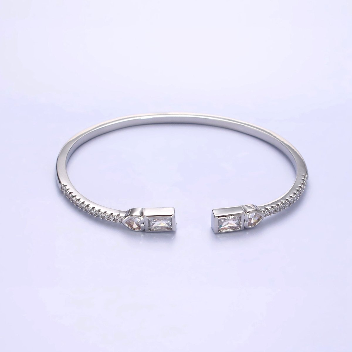 14K Gold Filled Clear, Green, Pink Baguette Heart CZ Micro Paved Cuff Bracelet in Gold & Silver | WA-2124 - WA-2128 Clearance Pricing