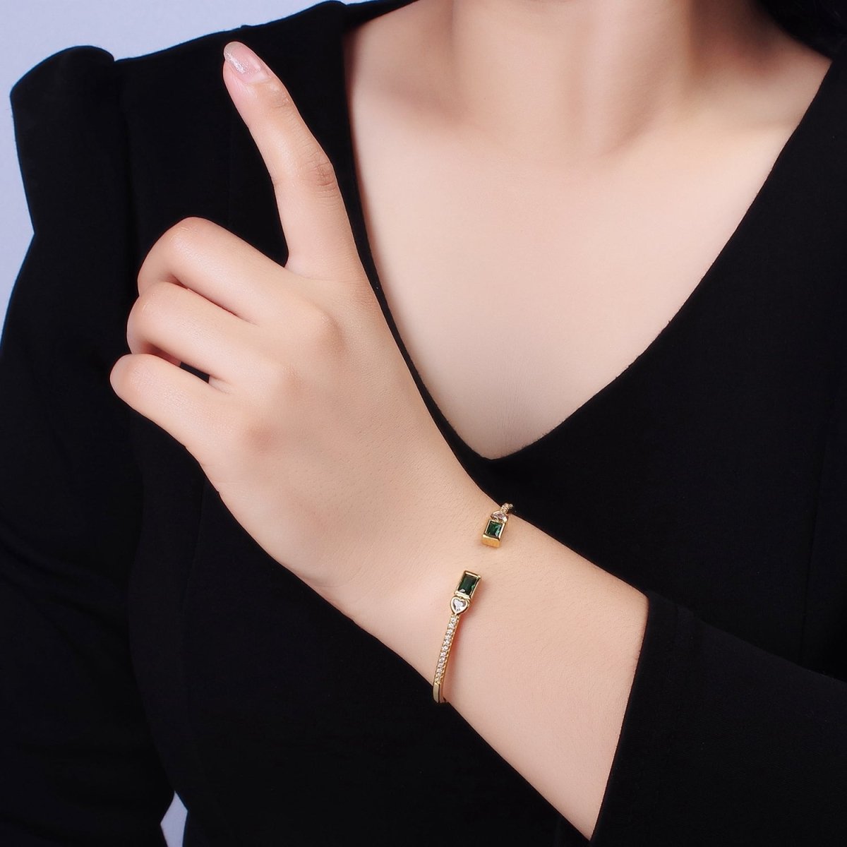 14K Gold Filled Clear, Green, Pink Baguette Heart CZ Micro Paved Cuff Bracelet in Gold & Silver | WA-2124 - WA-2128 Clearance Pricing