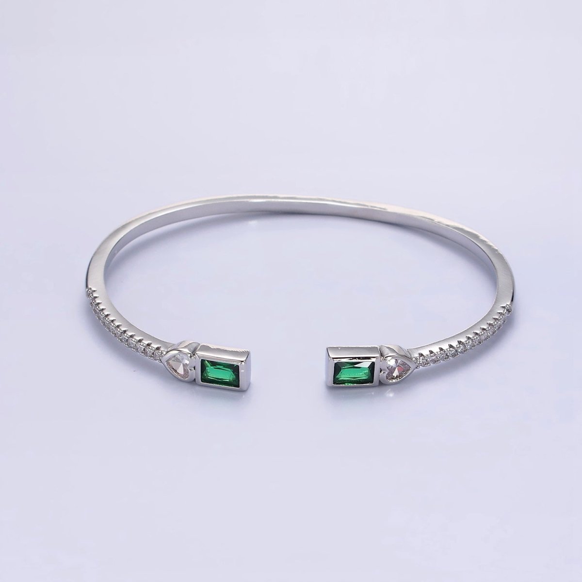 14K Gold Filled Clear, Green, Pink Baguette Heart CZ Micro Paved Cuff Bracelet in Gold & Silver | WA-2124 - WA-2128 Clearance Pricing