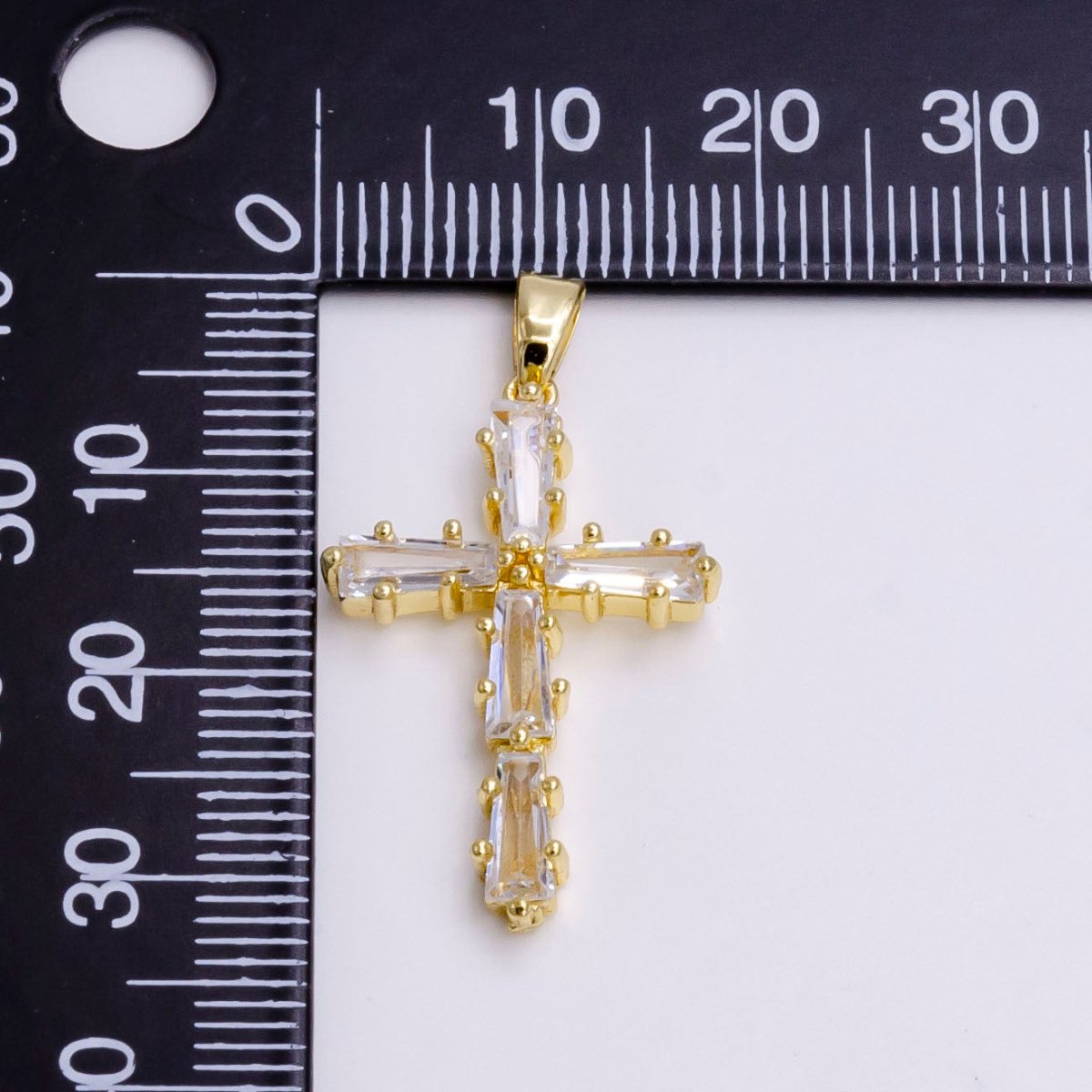 14K Gold Filled Clear, Green, Pink, Black Baguette Lined Latin Cross Pendant | N-1468~N-1471