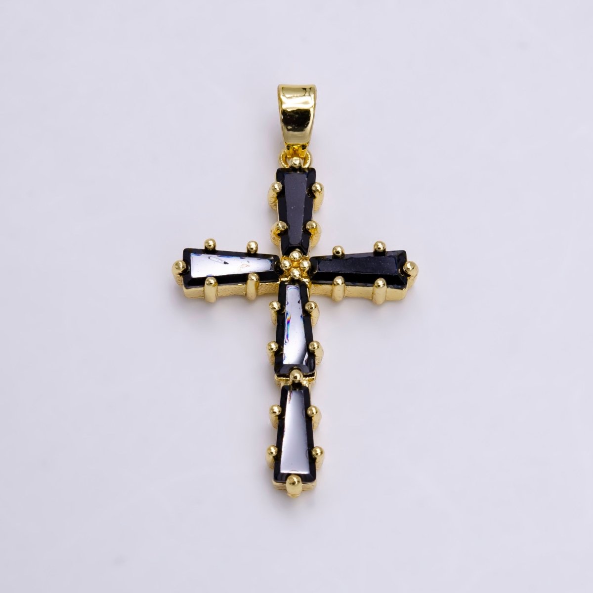14K Gold Filled Clear, Green, Pink, Black Baguette Lined Latin Cross Pendant | N-1468~N-1471