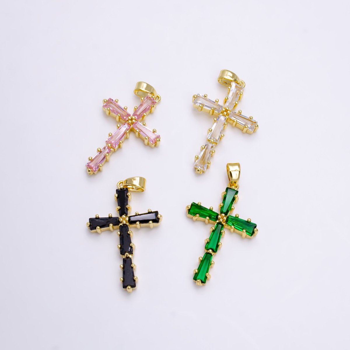 14K Gold Filled Clear, Green, Pink, Black Baguette Lined Latin Cross Pendant | N-1468~N-1471