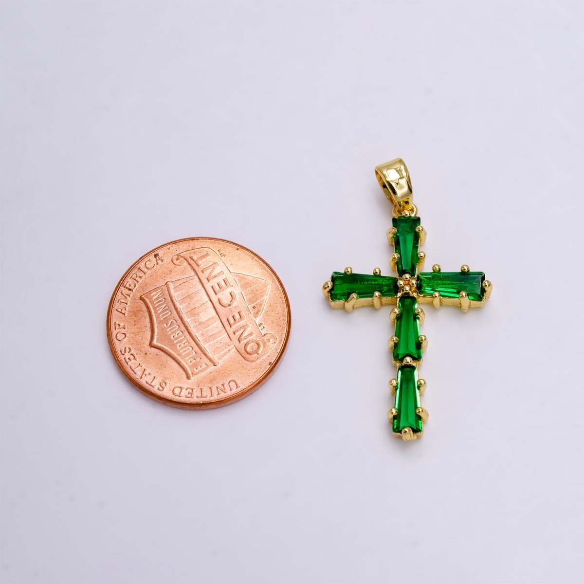 14K Gold Filled Clear, Green, Pink, Black Baguette Lined Latin Cross Pendant | N-1468~N-1471