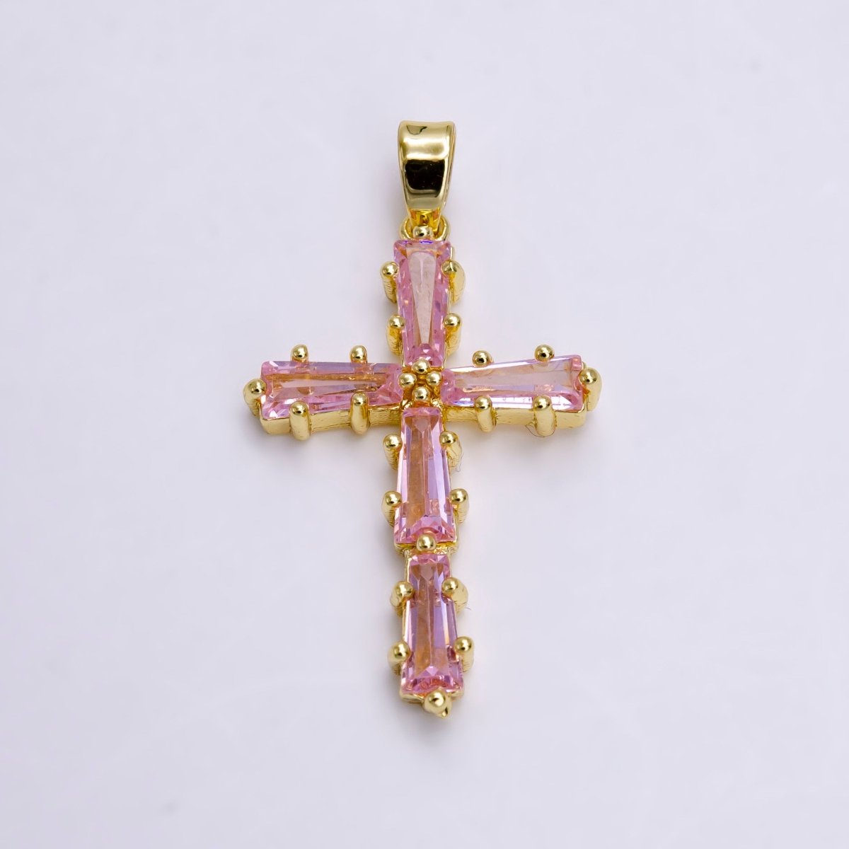14K Gold Filled Clear, Green, Pink, Black Baguette Lined Latin Cross Pendant | N-1468~N-1471