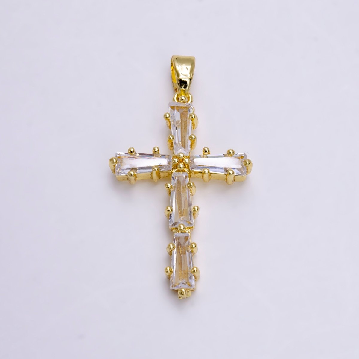 14K Gold Filled Clear, Green, Pink, Black Baguette Lined Latin Cross Pendant | N-1468~N-1471