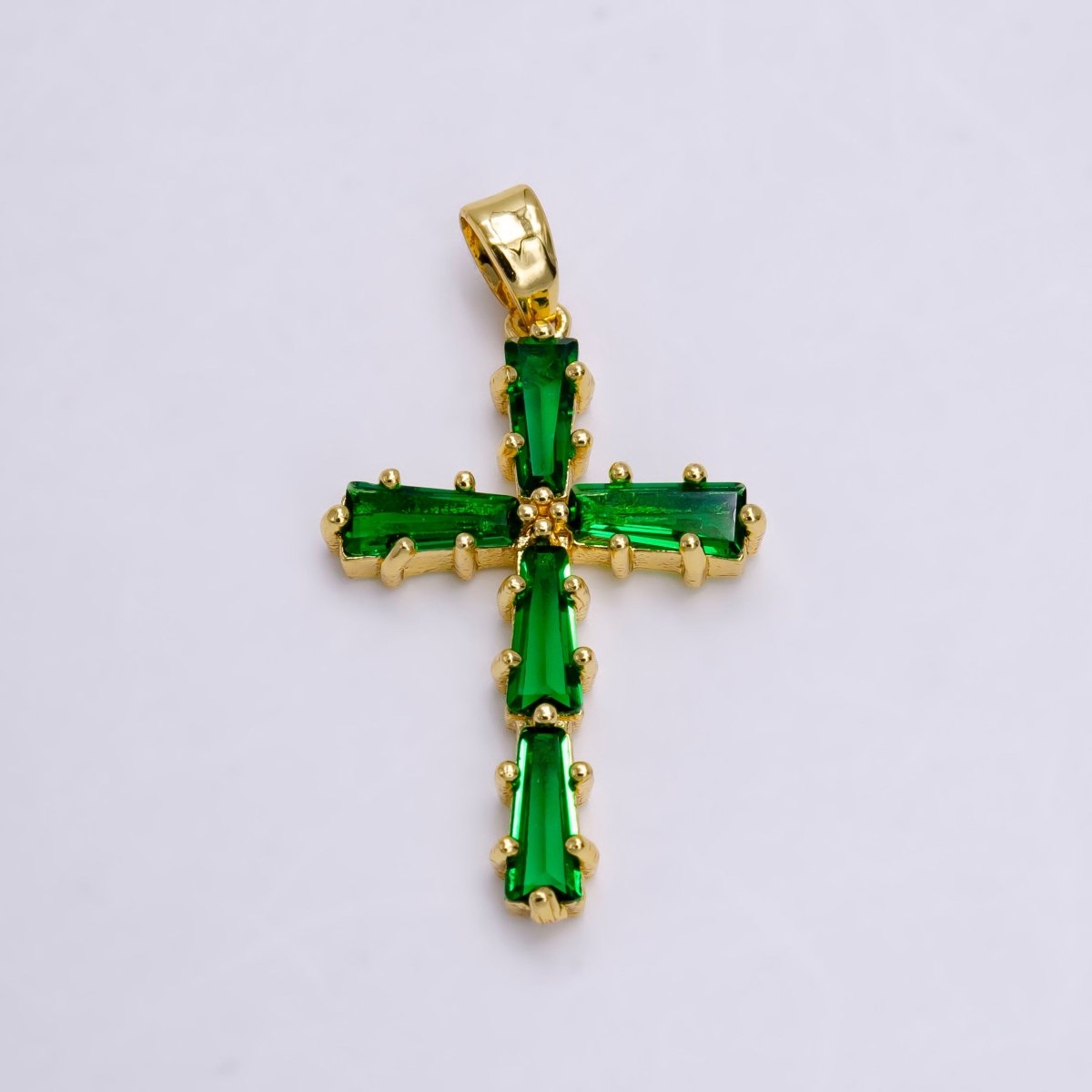 14K Gold Filled Clear, Green, Pink, Black Baguette Lined Latin Cross Pendant | N-1468~N-1471