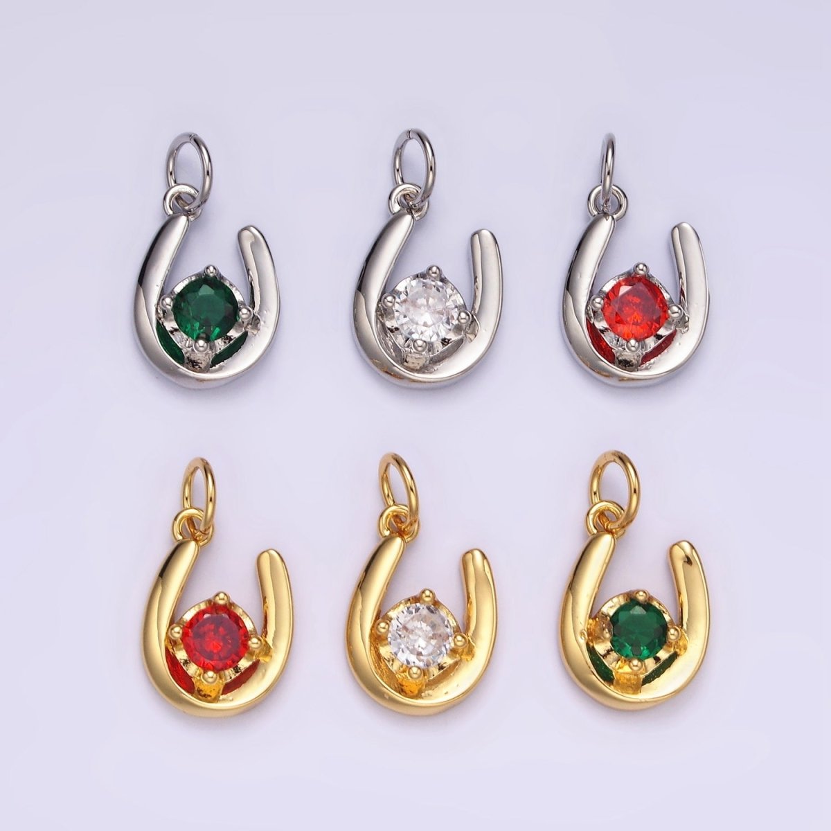 14K Gold Filled Clear, Green, Red CZ Lucky U Horseshoe Charm in Gold & Silver | AC827 - AC832