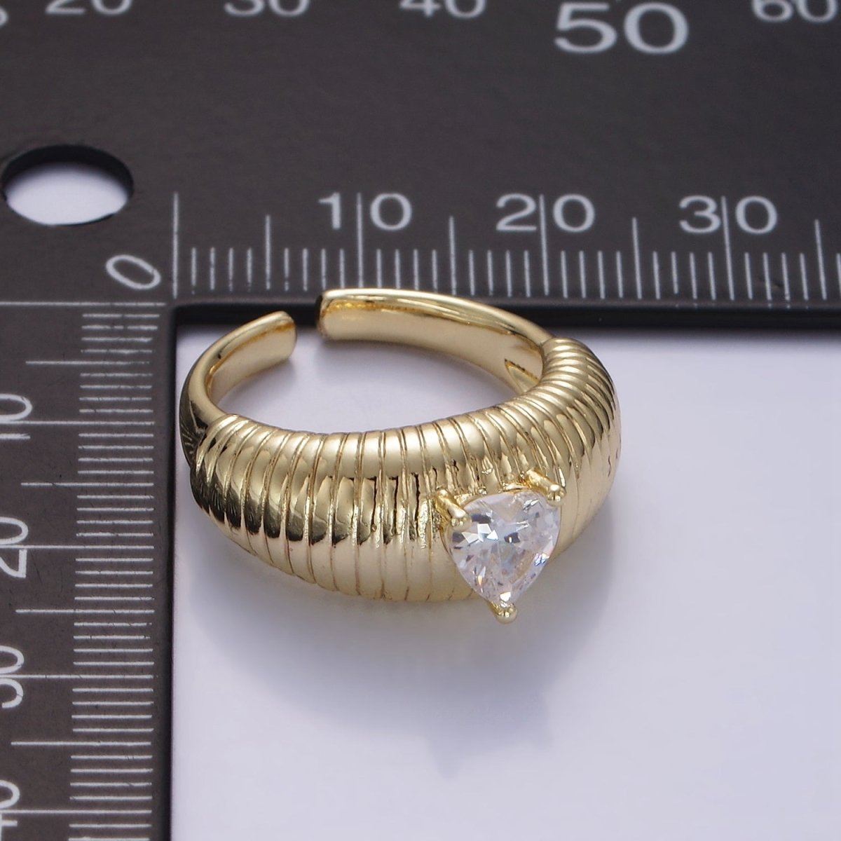 14K Gold Filled Clear Heart CZ Ribbed Chubby Signet Ring | O193