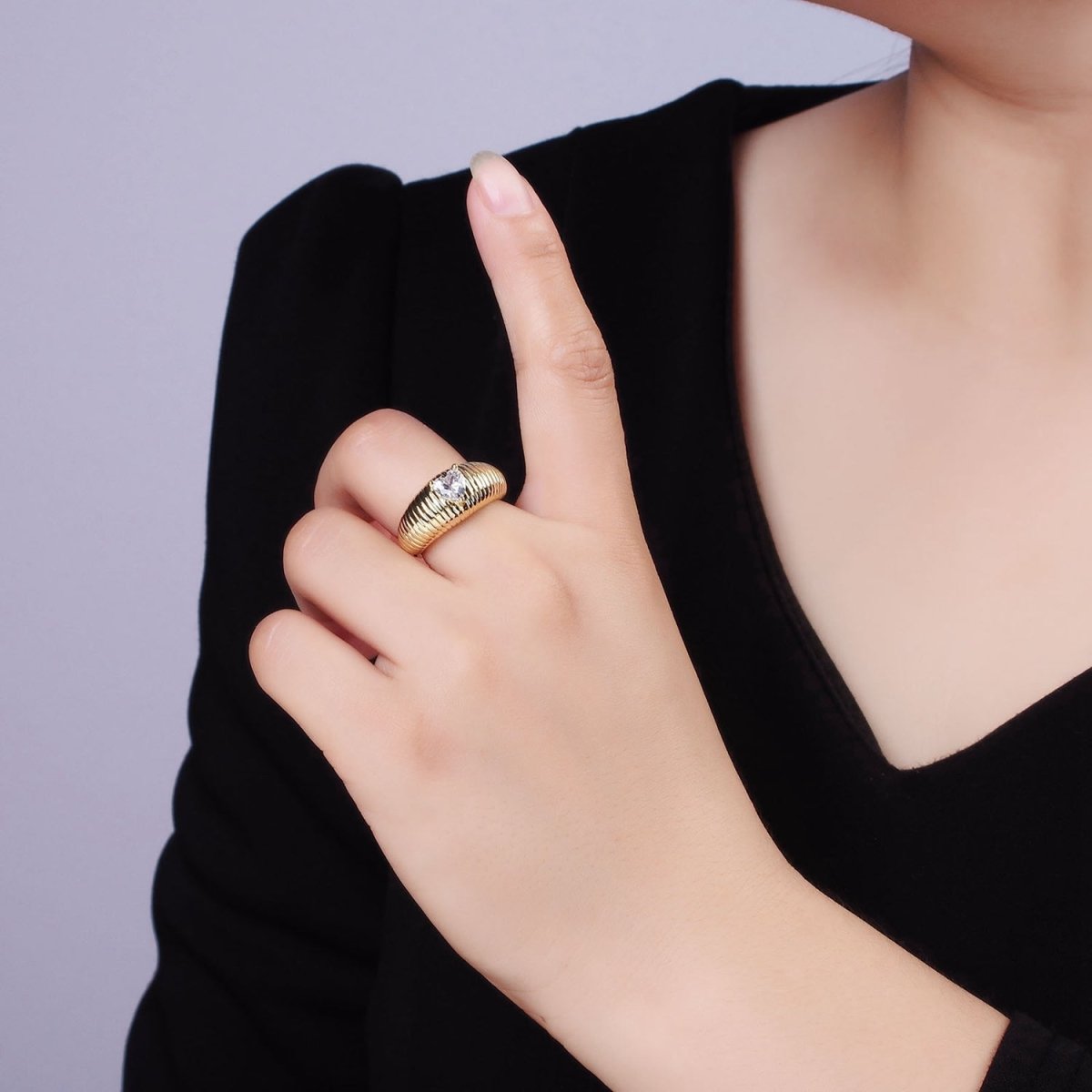 14K Gold Filled Clear Heart CZ Ribbed Chubby Signet Ring | O193