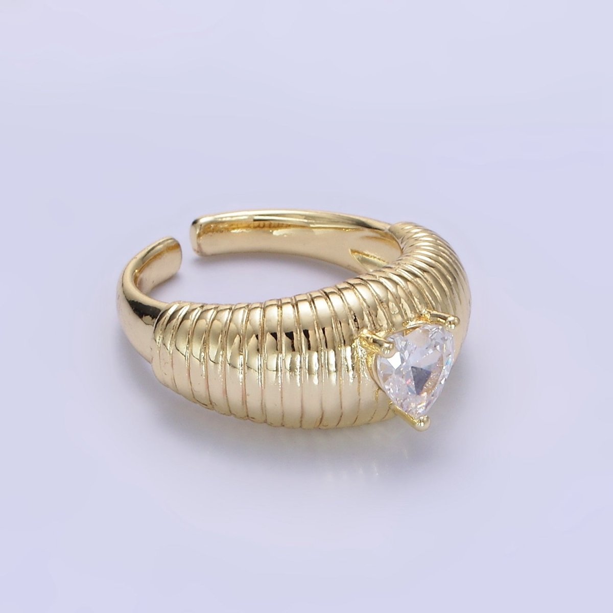 14K Gold Filled Clear Heart CZ Ribbed Chubby Signet Ring | O193