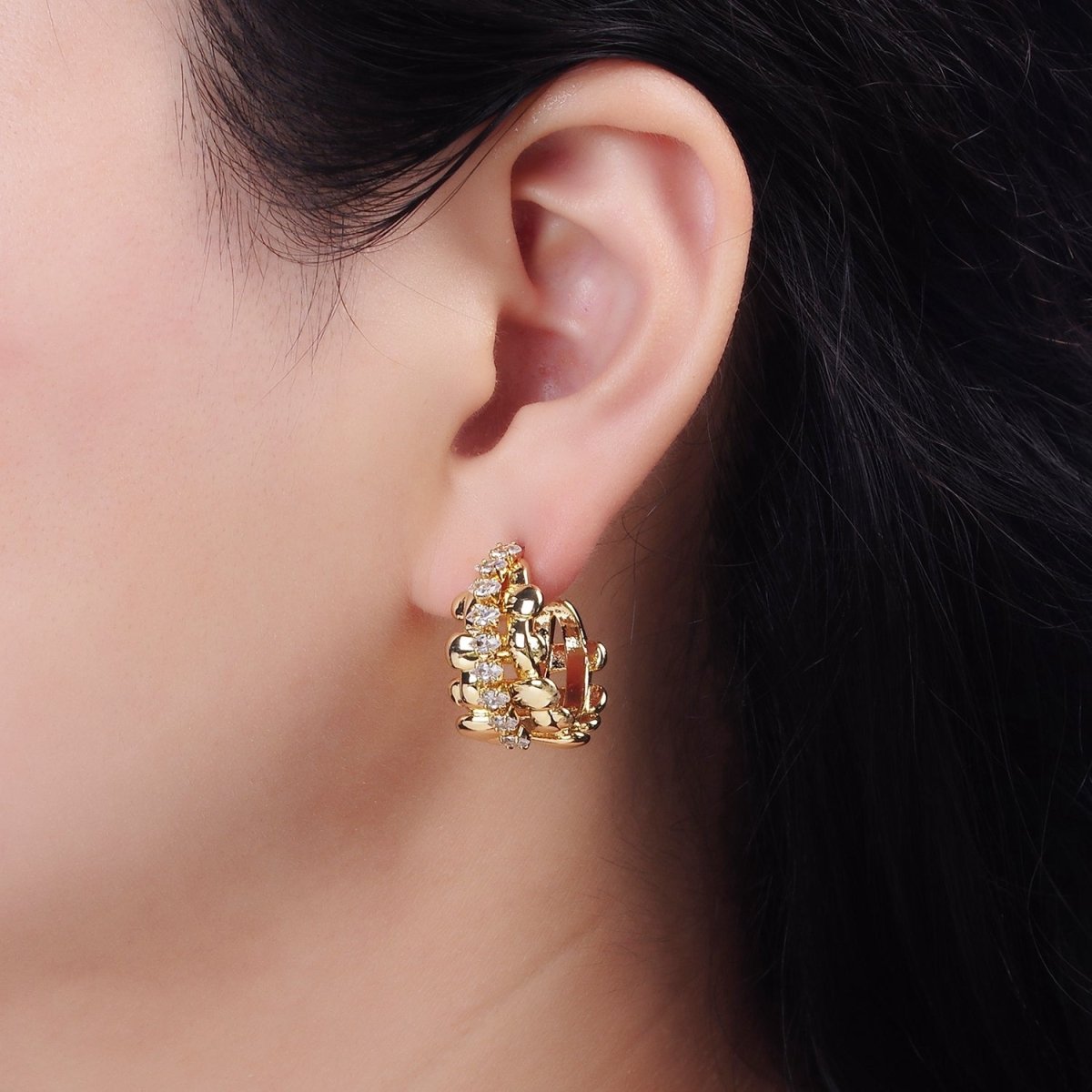 14K Gold Filled Clear Marquise Multiple Flat Bar C-Shaped Hoop Earrings in Gold & Silver | AE243 AE244