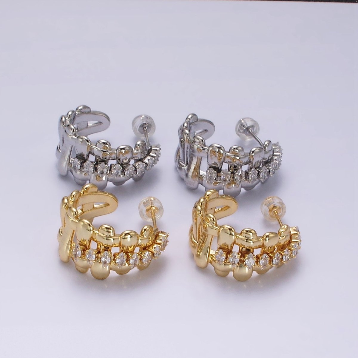 14K Gold Filled Clear Marquise Multiple Flat Bar C-Shaped Hoop Earrings in Gold & Silver | AE243 AE244