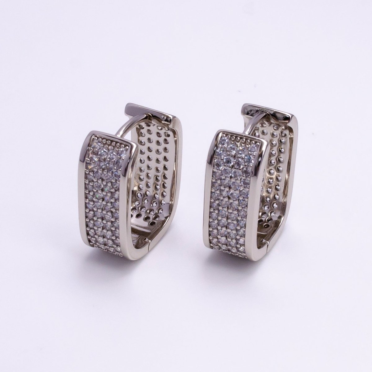 14K Gold Filled Clear Micro Paved CZ Boxy Oblong Hoop Earrings in Gold & Silver | AE581 AE582