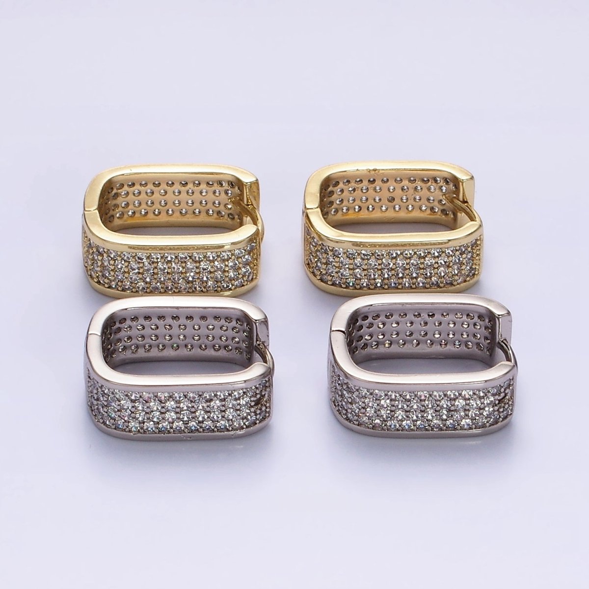 14K Gold Filled Clear Micro Paved CZ Boxy Oblong Hoop Earrings in Gold & Silver | AE581 AE582