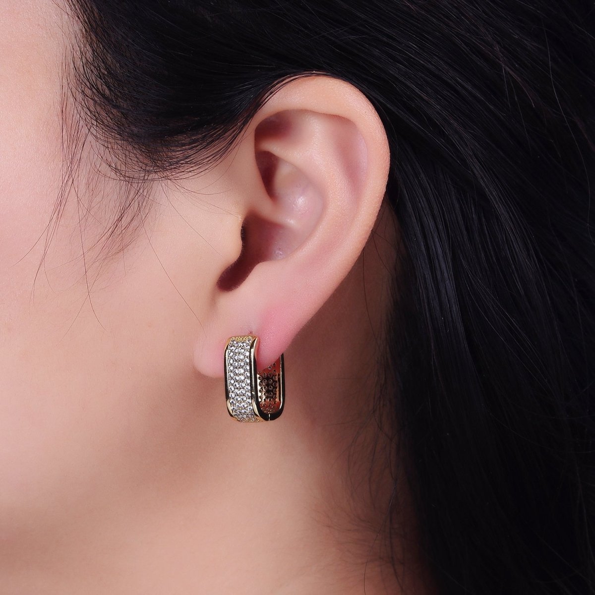 14K Gold Filled Clear Micro Paved CZ Boxy Oblong Hoop Earrings in Gold & Silver | AE581 AE582