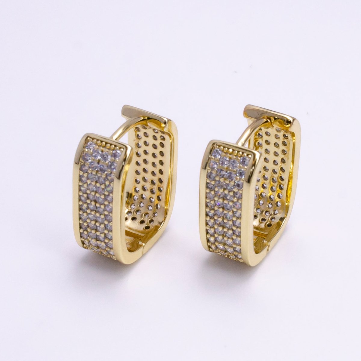 14K Gold Filled Clear Micro Paved CZ Boxy Oblong Hoop Earrings in Gold & Silver | AE581 AE582