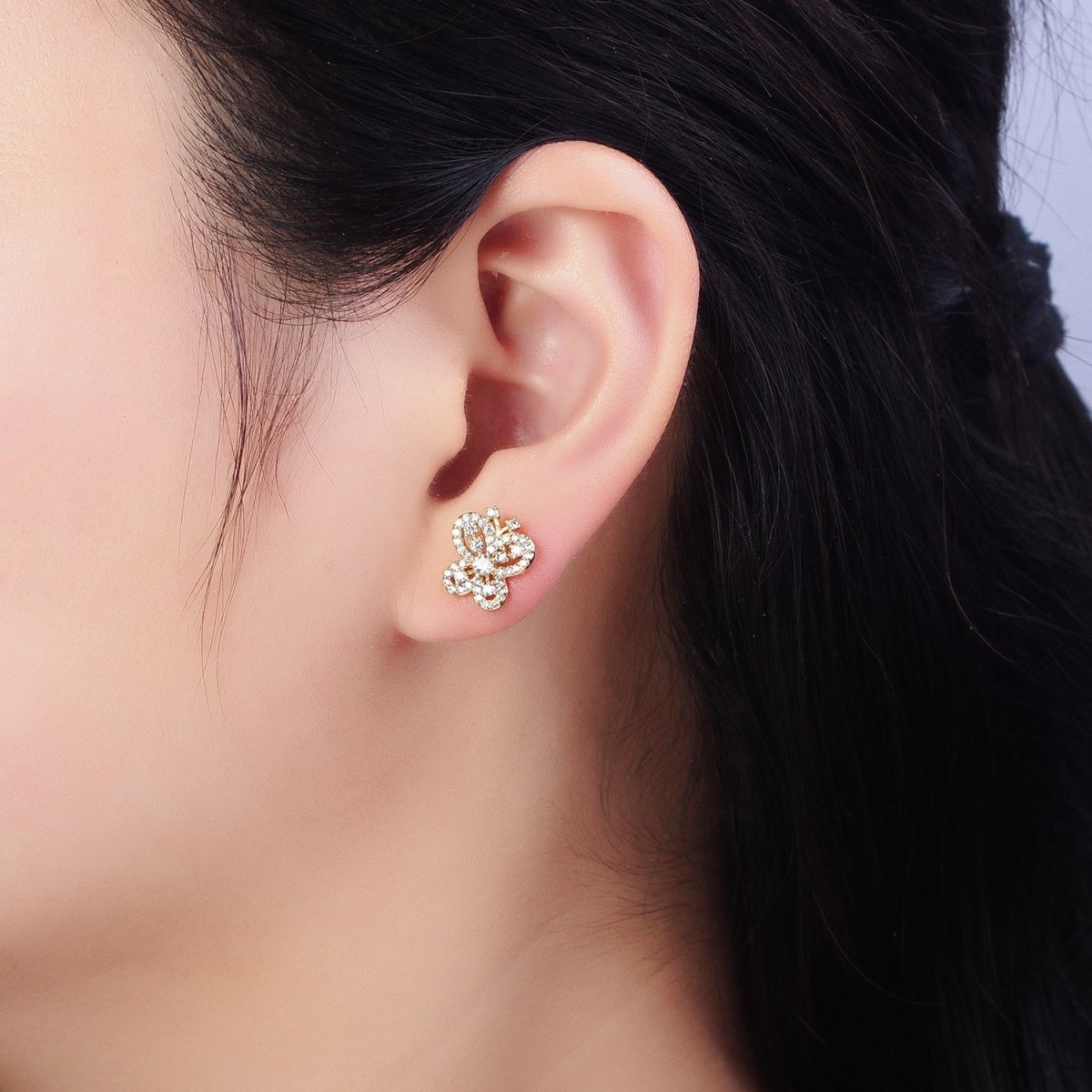 14K Gold Filled Clear Micro Paved CZ Butterfly Mariposa Insect Stud Earrings | AD1531 - DLUXCA