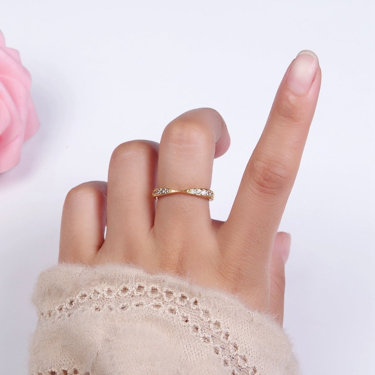 14K Gold Filled Clear Micro Paved CZ Geometric Curved Ring in Gold & Silver | O1030 O1031