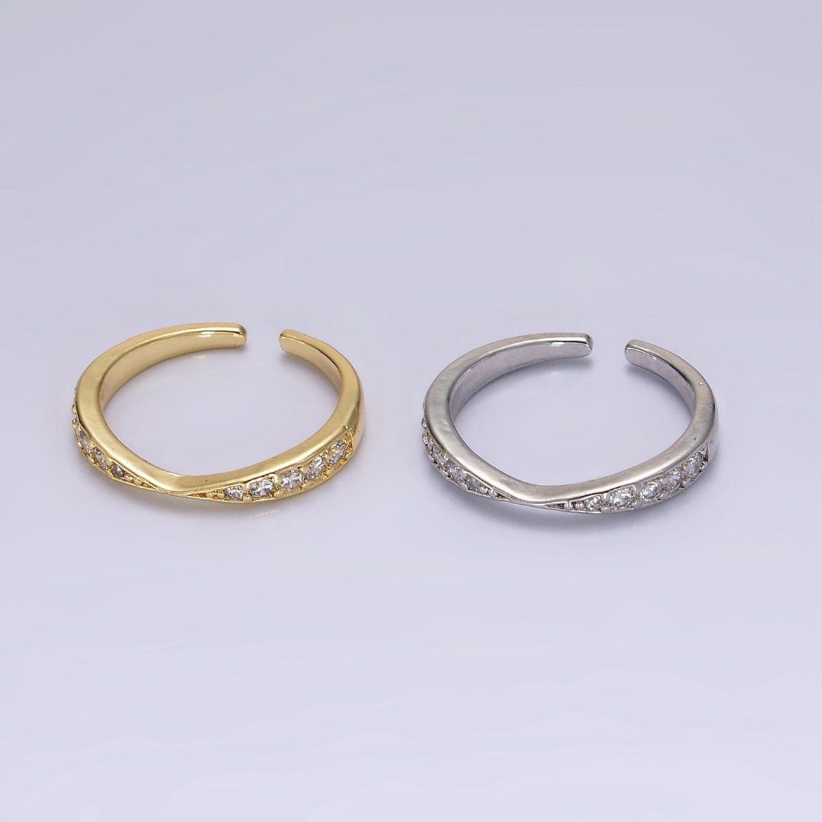 14K Gold Filled Clear Micro Paved CZ Geometric Curved Ring in Gold & Silver | O1030 O1031
