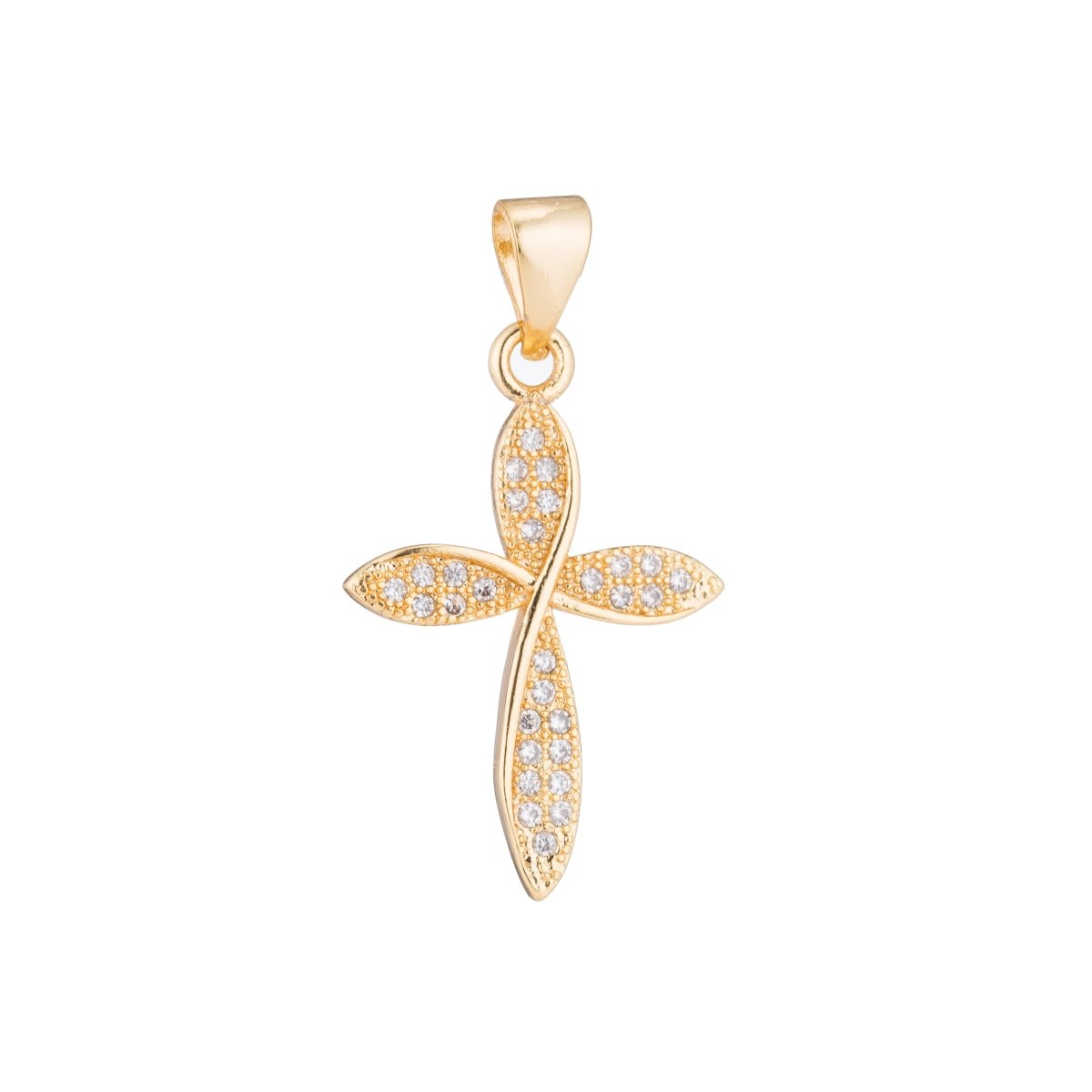 14K Gold Filled Clear Micro Paved CZ Religious Curved Cross Pendant | H361 - DLUXCA