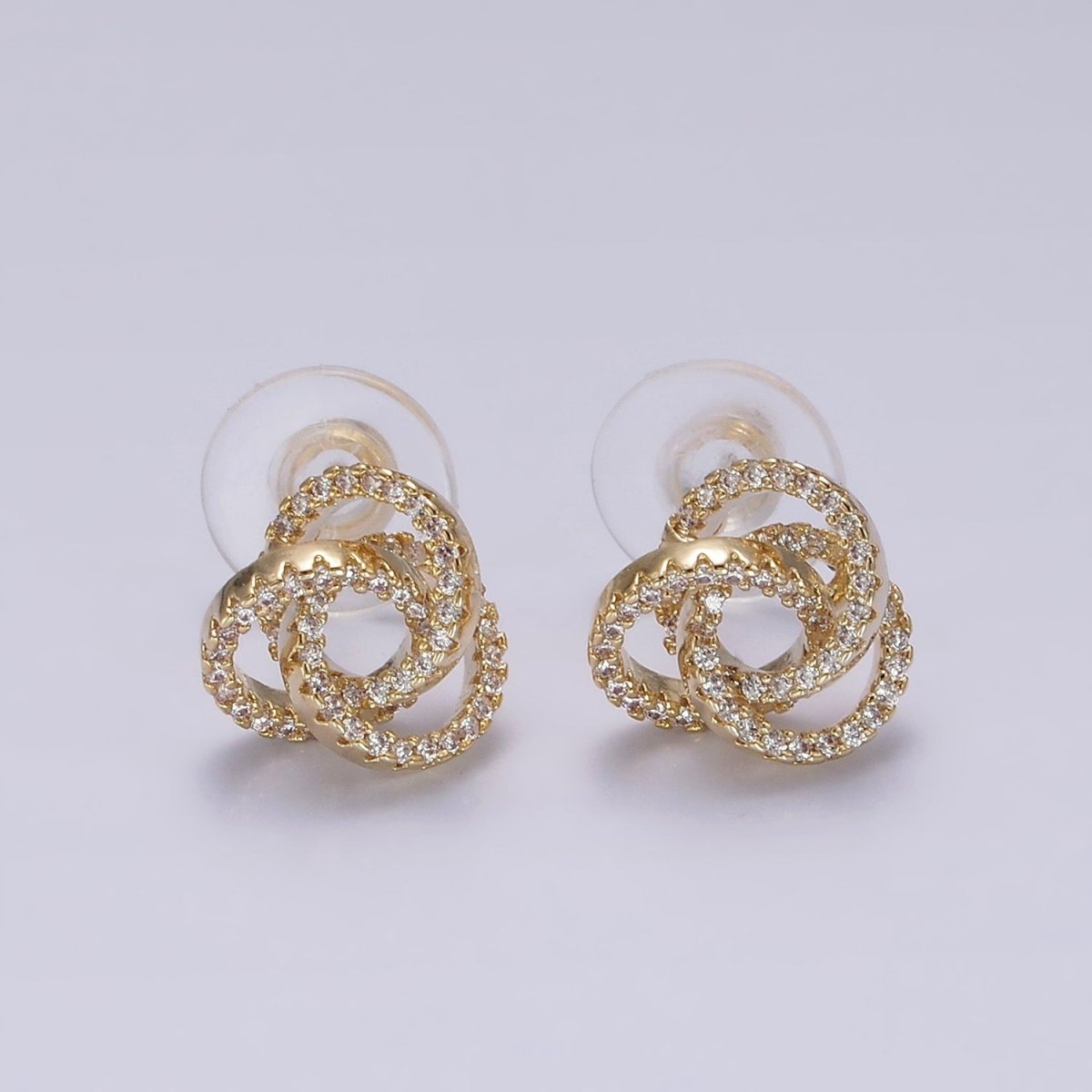 14K Gold Filled Clear Micro Paved Triple Round Circular Stud Earrings in Gold & Silver | V-257