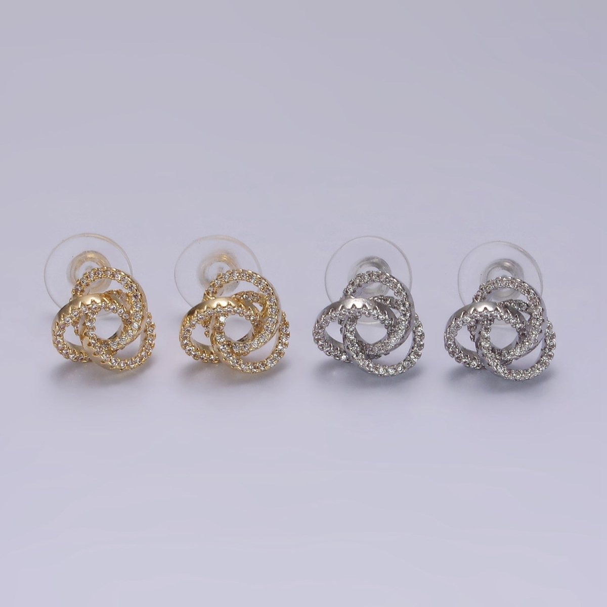 14K Gold Filled Clear Micro Paved Triple Round Circular Stud Earrings in Gold & Silver | V-257