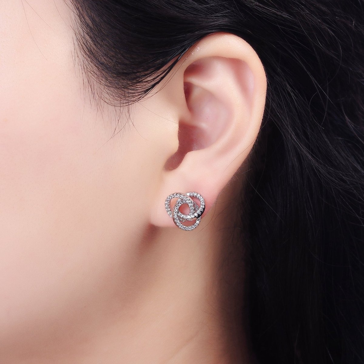 14K Gold Filled Clear Micro Paved Triple Round Circular Stud Earrings in Gold & Silver | V-257