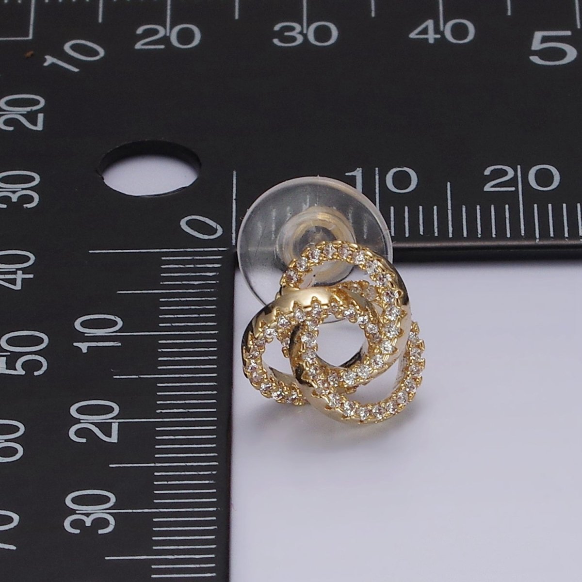 14K Gold Filled Clear Micro Paved Triple Round Circular Stud Earrings in Gold & Silver | V-257