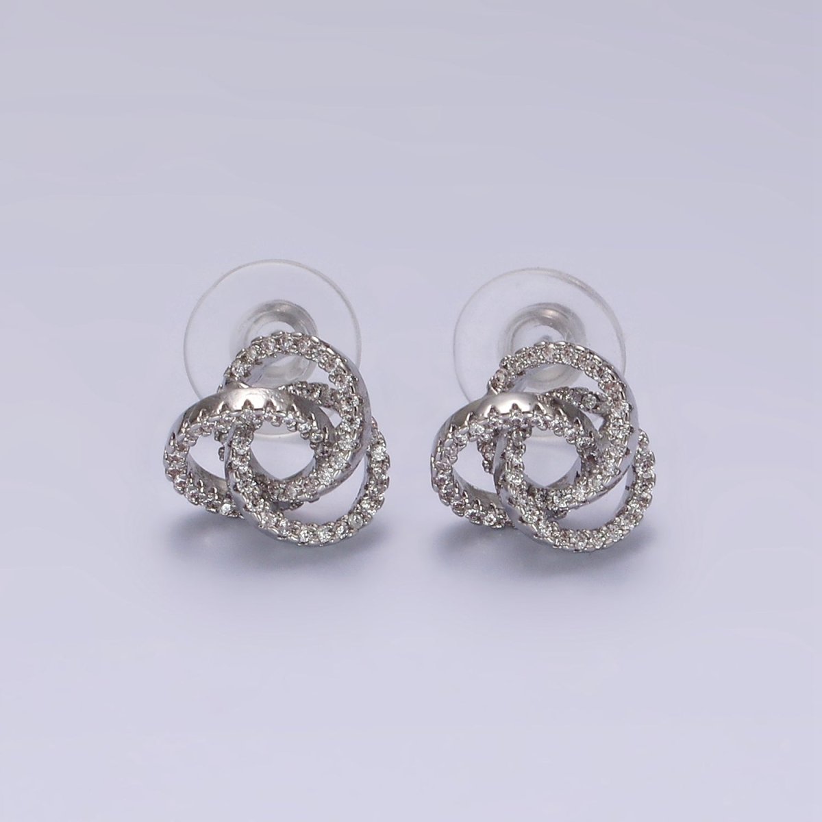 14K Gold Filled Clear Micro Paved Triple Round Circular Stud Earrings in Gold & Silver | V-257