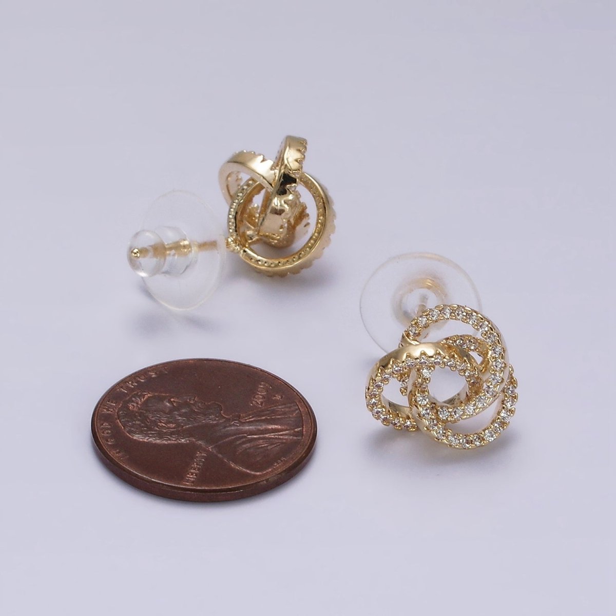 14K Gold Filled Clear Micro Paved Triple Round Circular Stud Earrings in Gold & Silver | V-257