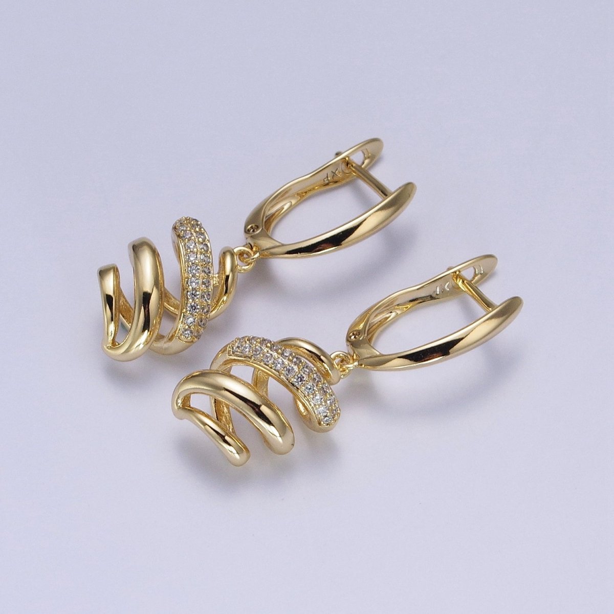 14K Gold Filled Clear Micro Paved Twisted Spiral Coil Dangle Drop English Lock Earrings | AB314 - DLUXCA