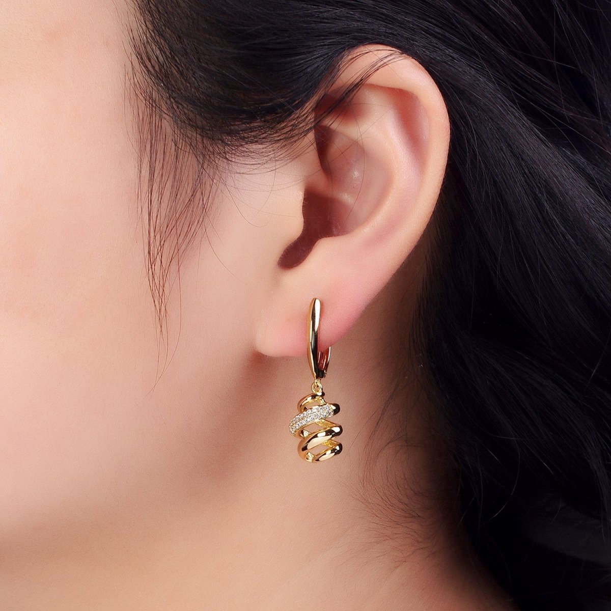 14K Gold Filled Clear Micro Paved Twisted Spiral Coil Dangle Drop English Lock Earrings | AB314 - DLUXCA
