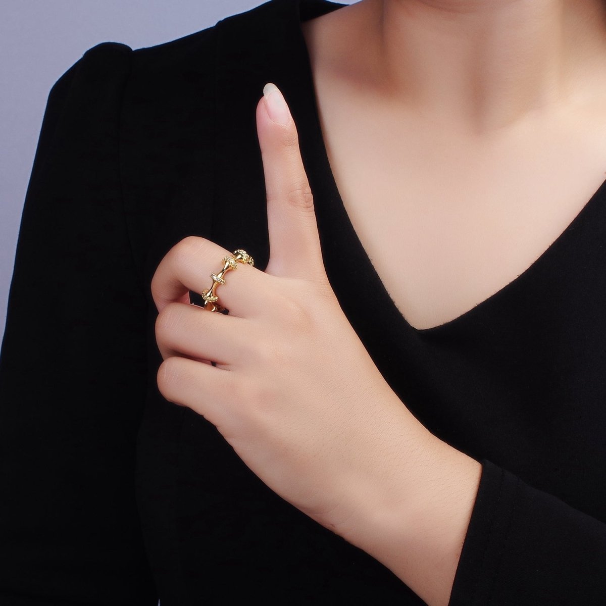 14K Gold Filled Clear Multiple Micro Paved CZ Bar Curved Ring | O1170