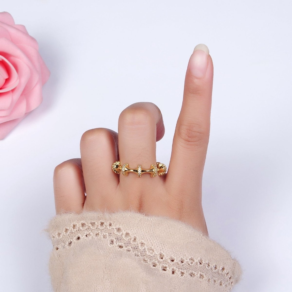 14K Gold Filled Clear Multiple Micro Paved CZ Bar Curved Ring | O1170