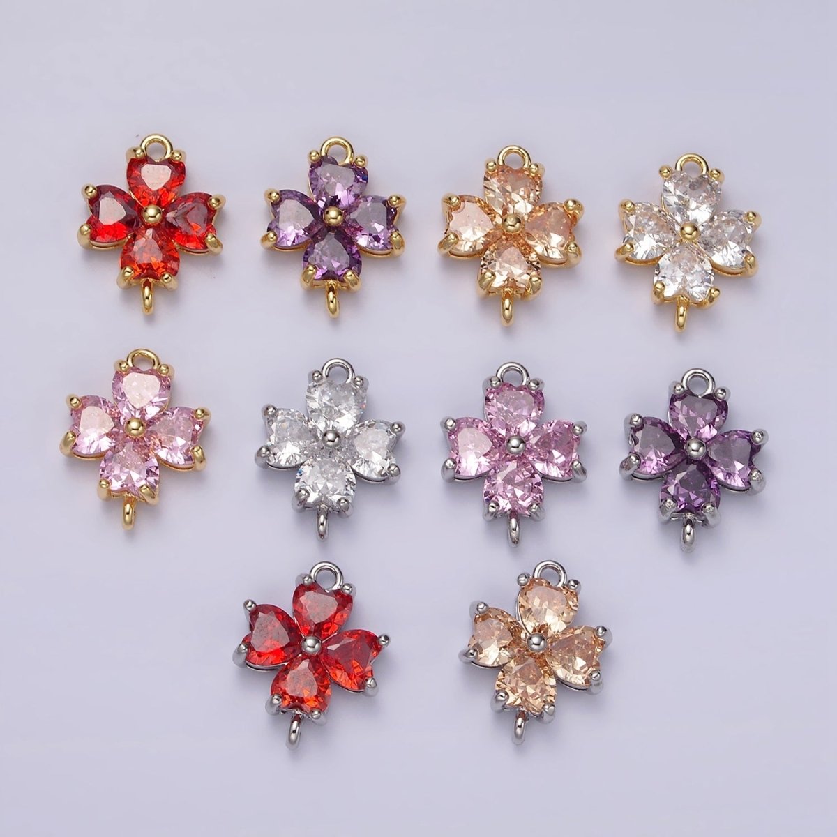 14K Gold Filled Clear, Peach, Pink, Purple, Red CZ Heart Petal Flower Connector in Gold & Silver | G-193 - G-202