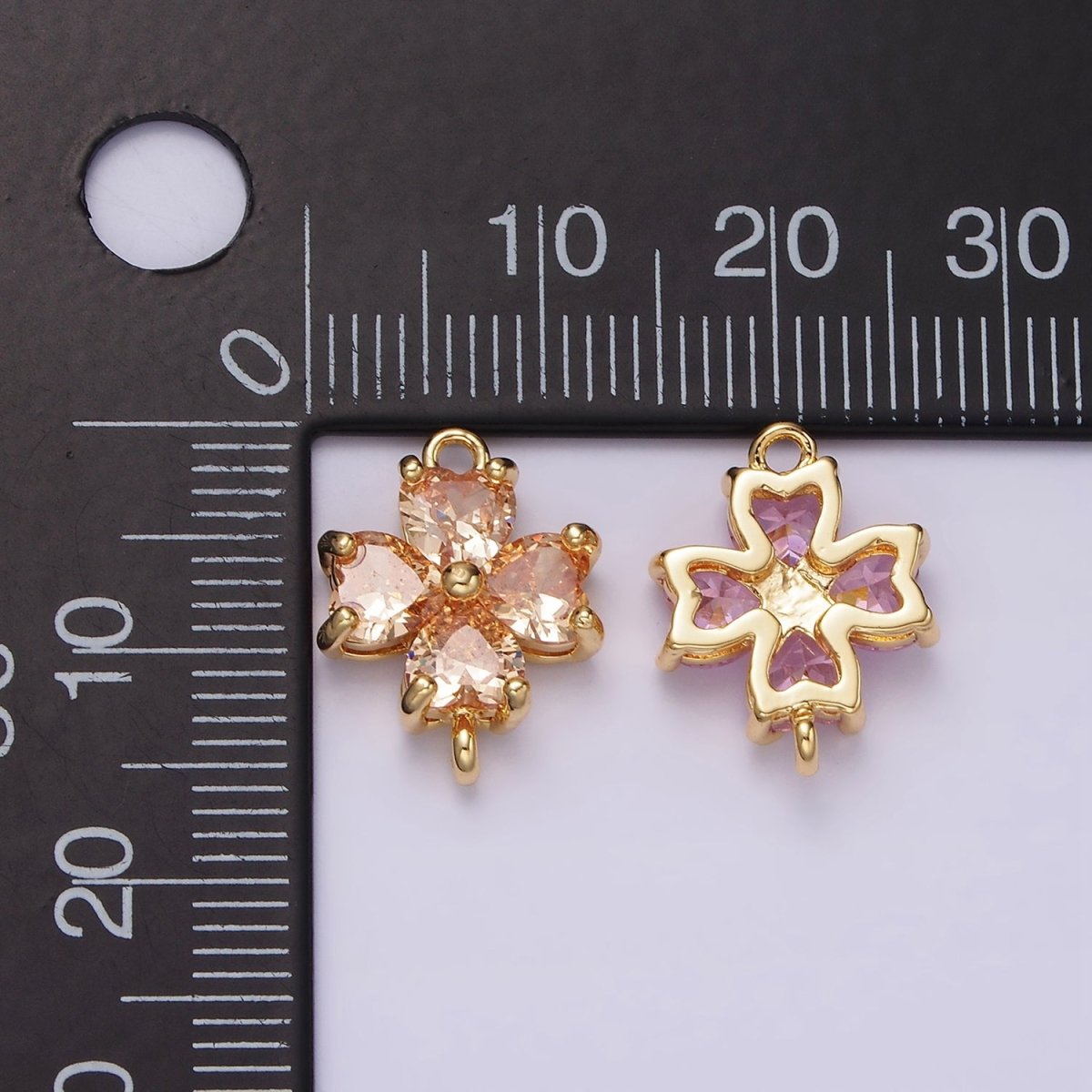 14K Gold Filled Clear, Peach, Pink, Purple, Red CZ Heart Petal Flower Connector in Gold & Silver | G-193 - G-202